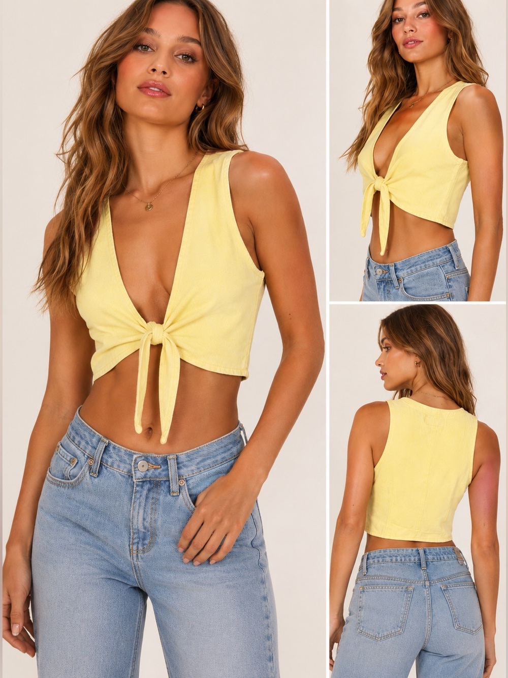 Signature Yellow Denim Tie-Front Crop Tank Top